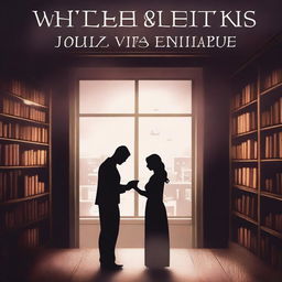 Create a book cover for a romantic novel titled 'Whispers in the Bookstore'