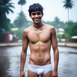 An Indian handsome 18-year-old boy in a wet state, wearing V-shaped white innerwear, completely wet and showing off his whole body