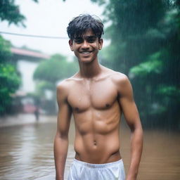 An Indian handsome 18-year-old boy in a wet state, wearing V-shaped white innerwear, completely wet and showing off his whole body