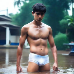 An Indian handsome 18-year-old boy in a wet state, wearing V-shaped white innerwear, completely wet and showing off his whole body