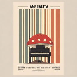 Generate a vintage poster with the title 'Amanita Muscaria' featuring piano keys