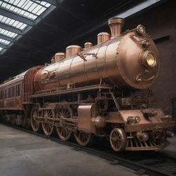 An electric train envisioned in a steampunk aesthetic, blending modern electric propulsion with vintage design, copper and brass detailing, and steam-powered mechanical embellishments.