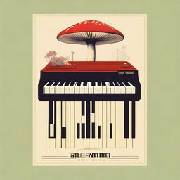 Generate a vintage poster with the title 'Amanita Muscaria' featuring piano keys