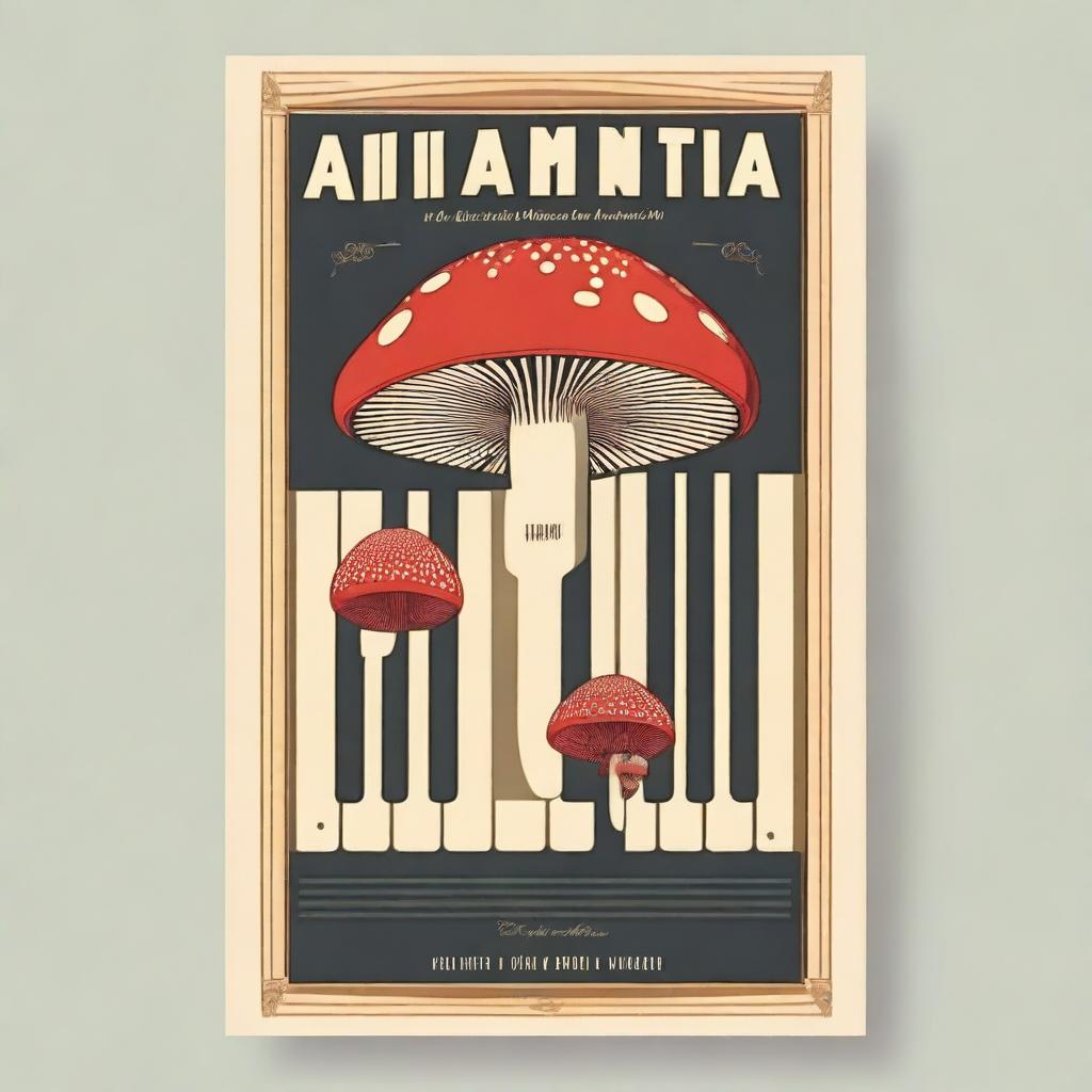 Generate a vintage poster with the title 'Amanita Muscaria' featuring piano keys