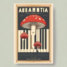 Generate a vintage poster with the title 'Amanita Muscaria' featuring piano keys