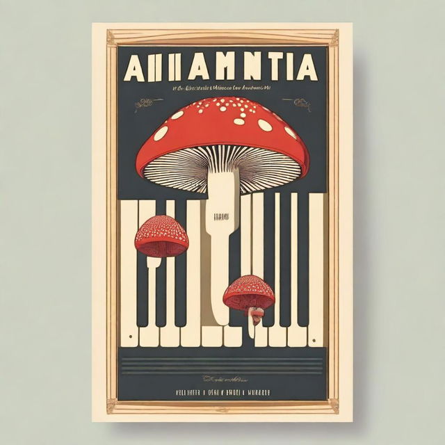 Generate a vintage poster with the title 'Amanita Muscaria' featuring piano keys