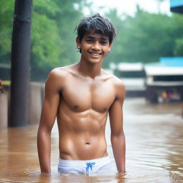 An Indian handsome 18-year-old boy in a wet state, wearing white thongs, completely wet and showing off his whole body