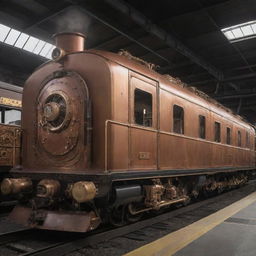 An electric train envisioned in a steampunk aesthetic, blending modern electric propulsion with vintage design, copper and brass detailing, and steam-powered mechanical embellishments.