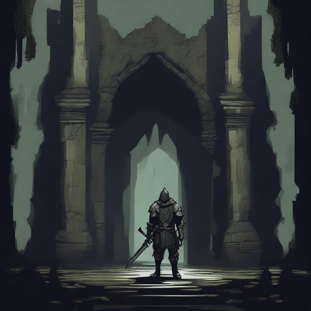 A dark illustration of a lone knight standing in front of the entrance to a dungeon