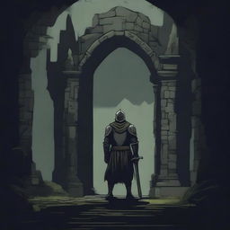 A dark illustration of a lone knight standing in front of the entrance to a dungeon