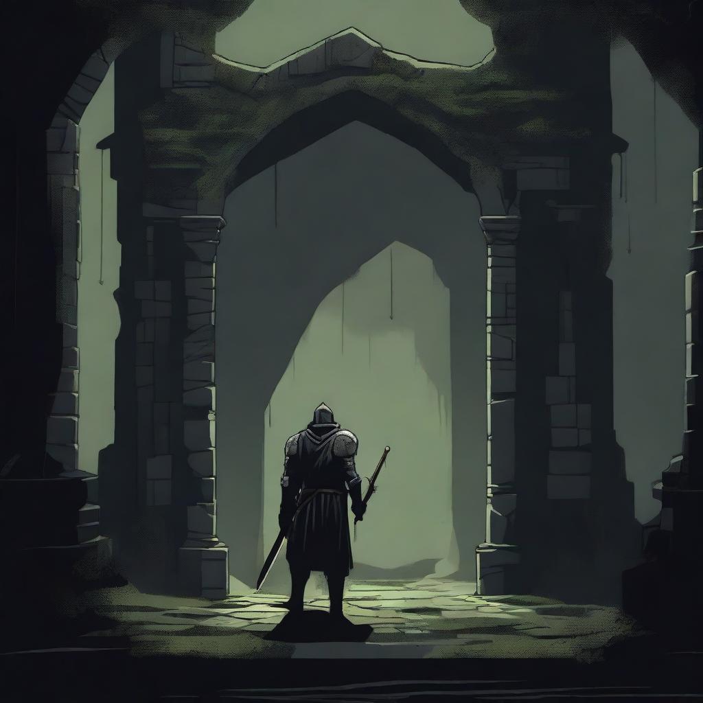 A dark illustration of a lone knight standing in front of the entrance to a dungeon