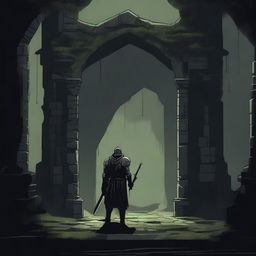 A dark illustration of a lone knight standing in front of the entrance to a dungeon