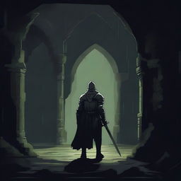 A dark illustration of a lone knight standing in front of the entrance to a dungeon