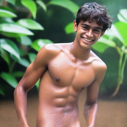 An Indian rich, handsome 18-year-old boy with an embarrassed smile in a wet state, wearing white V-shaped thongs with a hole