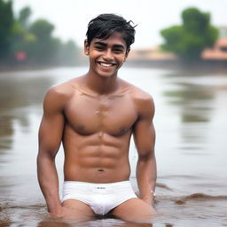 An Indian rich, handsome 18-year-old boy with an embarrassed smile in a wet state, wearing white V-shaped thongs with a hole