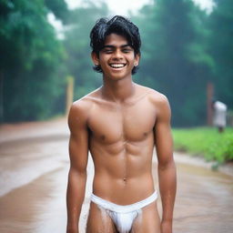 An Indian rich, handsome 18-year-old boy with an embarrassed smile in a wet state, wearing white V-shaped thongs with a hole