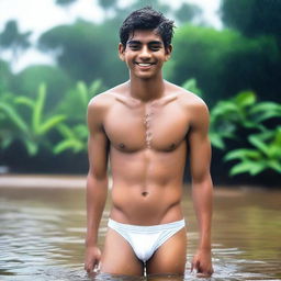 An Indian rich, handsome 18-year-old boy with an embarrassed smile in a wet state, wearing white V-shaped thongs with a hole