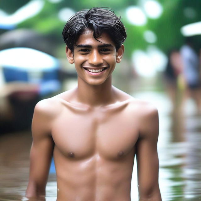 An Indian rich, handsome 18-year-old boy with an embarrassed smile in a wet state, wearing white V-shaped thongs with a proper hole that exposes him