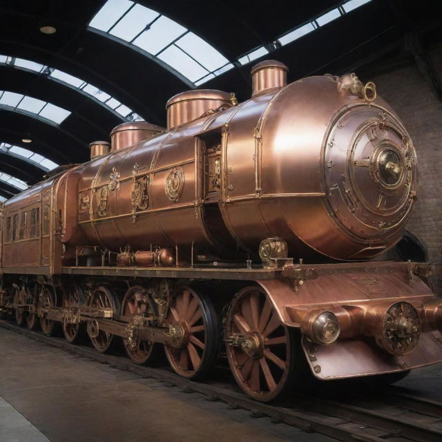 An electric train envisioned in a steampunk aesthetic, blending modern electric propulsion with vintage design, copper and brass detailing, and steam-powered mechanical embellishments.