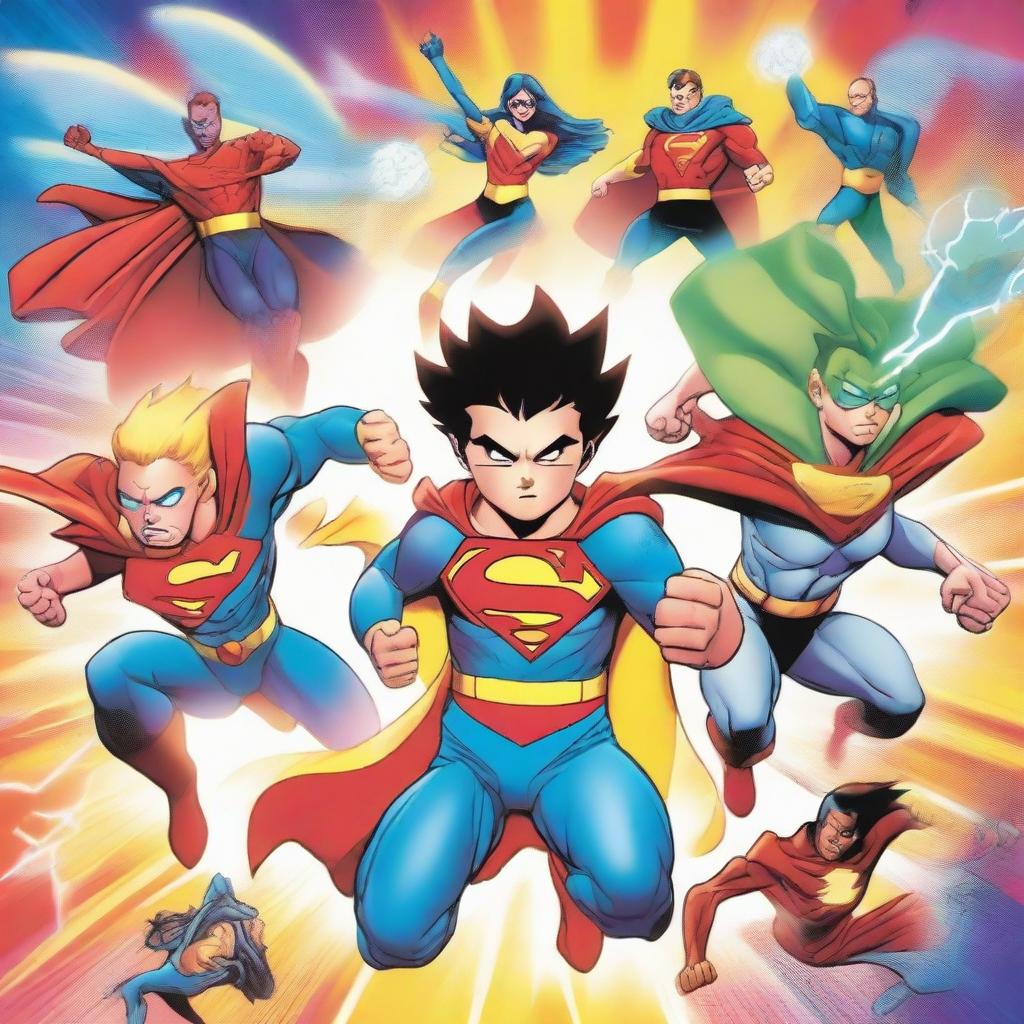 A vibrant and dynamic illustration showcasing various superpowers, such as flying, super strength, telekinesis, and energy blasts