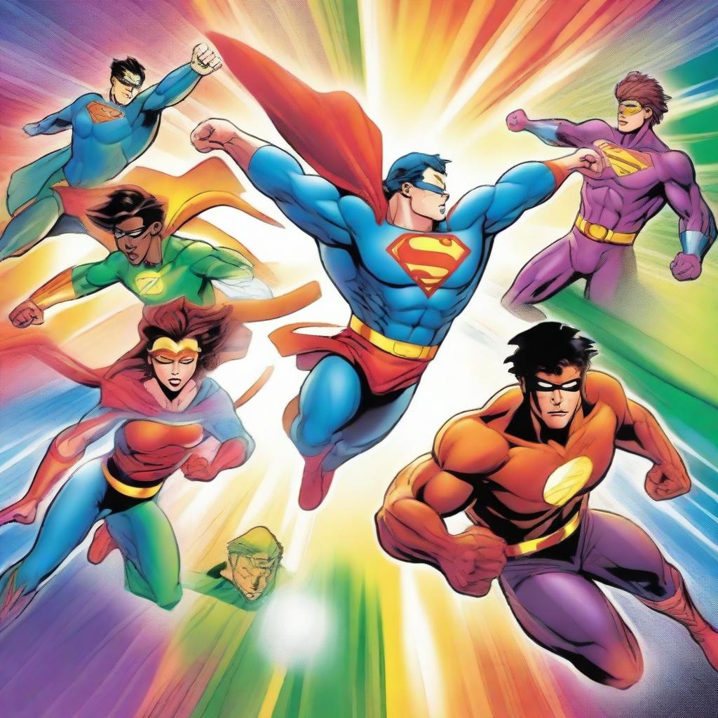 A vibrant and dynamic illustration showcasing various superpowers, such as flying, super strength, telekinesis, and energy blasts