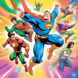 A vibrant and dynamic illustration showcasing various superpowers, such as flying, super strength, telekinesis, and energy blasts