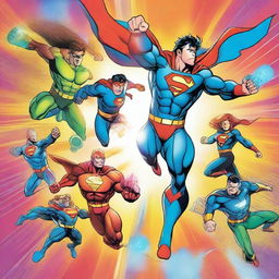 A vibrant and dynamic illustration showcasing various superpowers, such as flying, super strength, telekinesis, and energy blasts