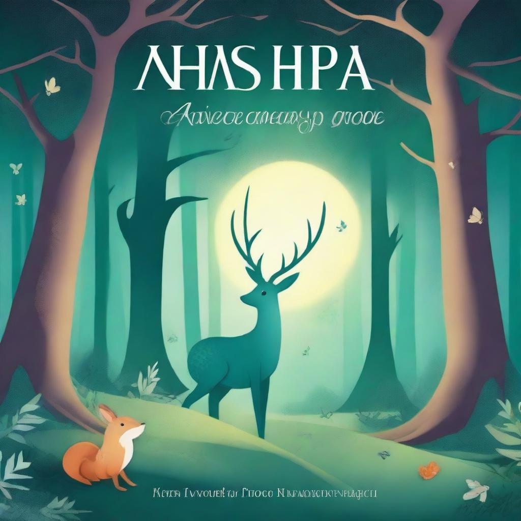 Create a book cover featuring an enchanting forest with mystical creatures