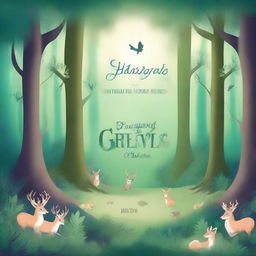 Create a book cover featuring an enchanting forest with mystical creatures