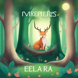 Create a book cover featuring an enchanting forest with mystical creatures