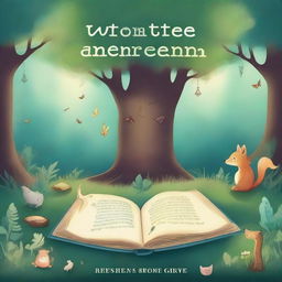 Create a book cover featuring an enchanting forest with mystical creatures