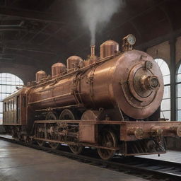 An electric train envisioned in a steampunk aesthetic, blending modern electric propulsion with vintage design, copper and brass detailing, and steam-powered mechanical embellishments.