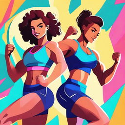 A lively and energetic illustration of strong young individuals, showcasing their physical strength and determination