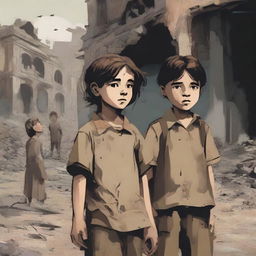 A somber and emotional illustration depicting children affected by war