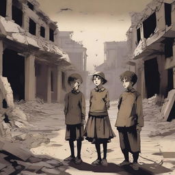 A somber and emotional illustration depicting children affected by war