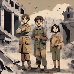 A somber and emotional illustration depicting children affected by war