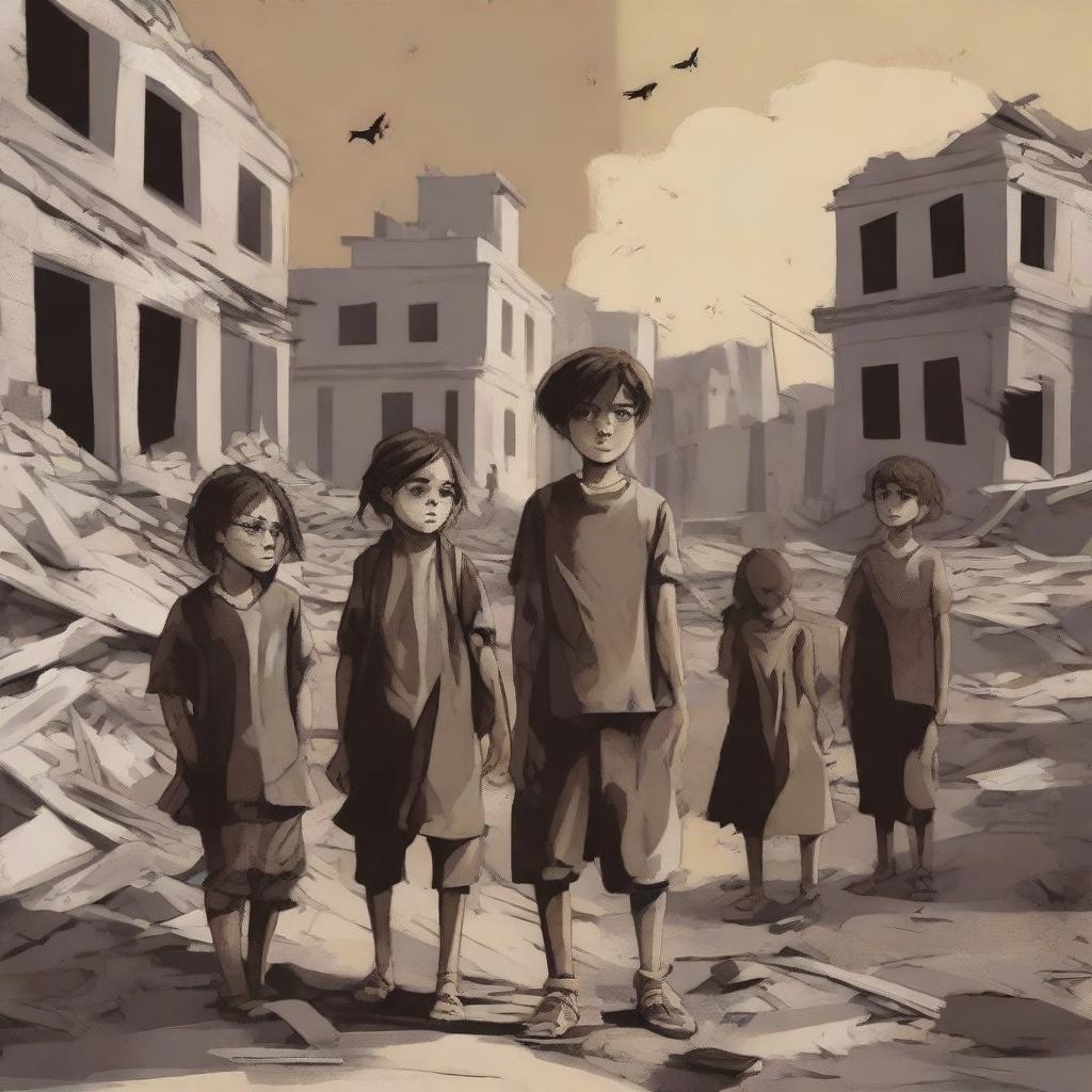 A somber and emotional illustration depicting children affected by war