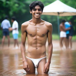 An Indian rich, handsome, skinny 18-year-old boy with an embarrassed smile in a wet state, wearing white V-shaped thongs