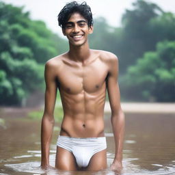 An Indian rich, handsome, skinny 18-year-old boy with an embarrassed smile in a wet state, wearing white V-shaped thongs