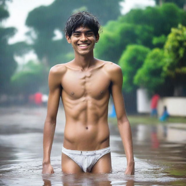 An Indian rich, handsome, skinny 18-year-old boy with an embarrassed smile in a wet state, wearing white V-shaped thongs