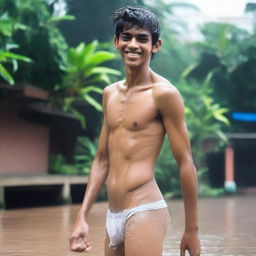 An Indian rich, handsome, skinny 18-year-old boy with an embarrassed smile in a wet state, wearing white V-shaped thongs