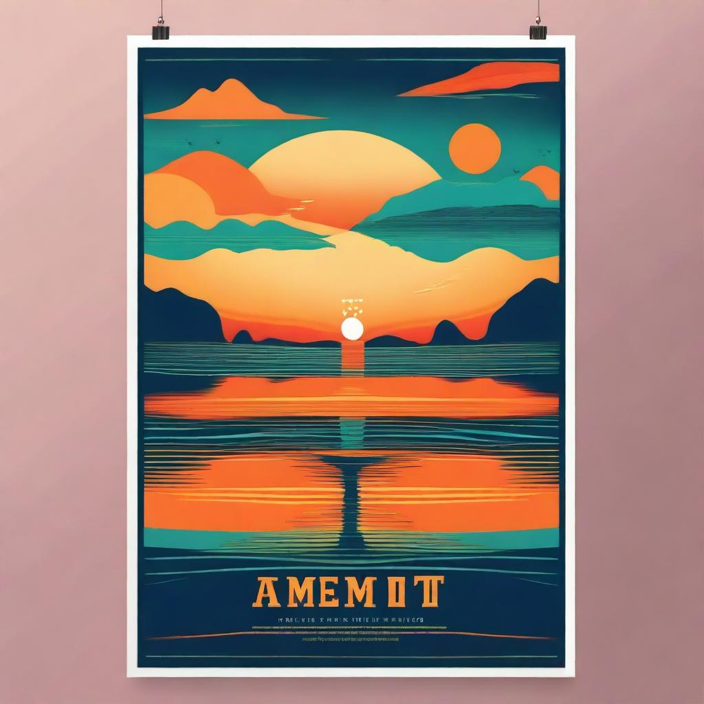 Generate a poster with the title 'Decímetro' featuring water and an orange sky