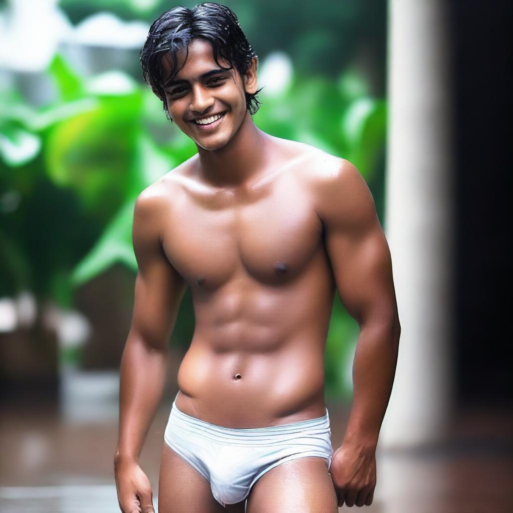 An Indian rich, handsome, medium-fat 18-year-old boy with an embarrassed smile in a wet state, wearing white V-shaped thongs