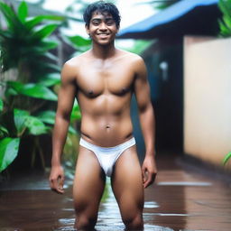 An Indian rich, handsome, medium-fat 18-year-old boy with an embarrassed smile in a wet state, wearing white V-shaped thongs