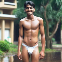 An Indian rich, handsome, medium-fat 18-year-old boy with an embarrassed smile in a wet state, wearing white V-shaped thongs