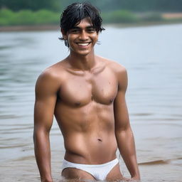 An Indian rich, handsome, medium-fat 18-year-old boy with an embarrassed smile in a wet state, wearing white V-shaped thongs