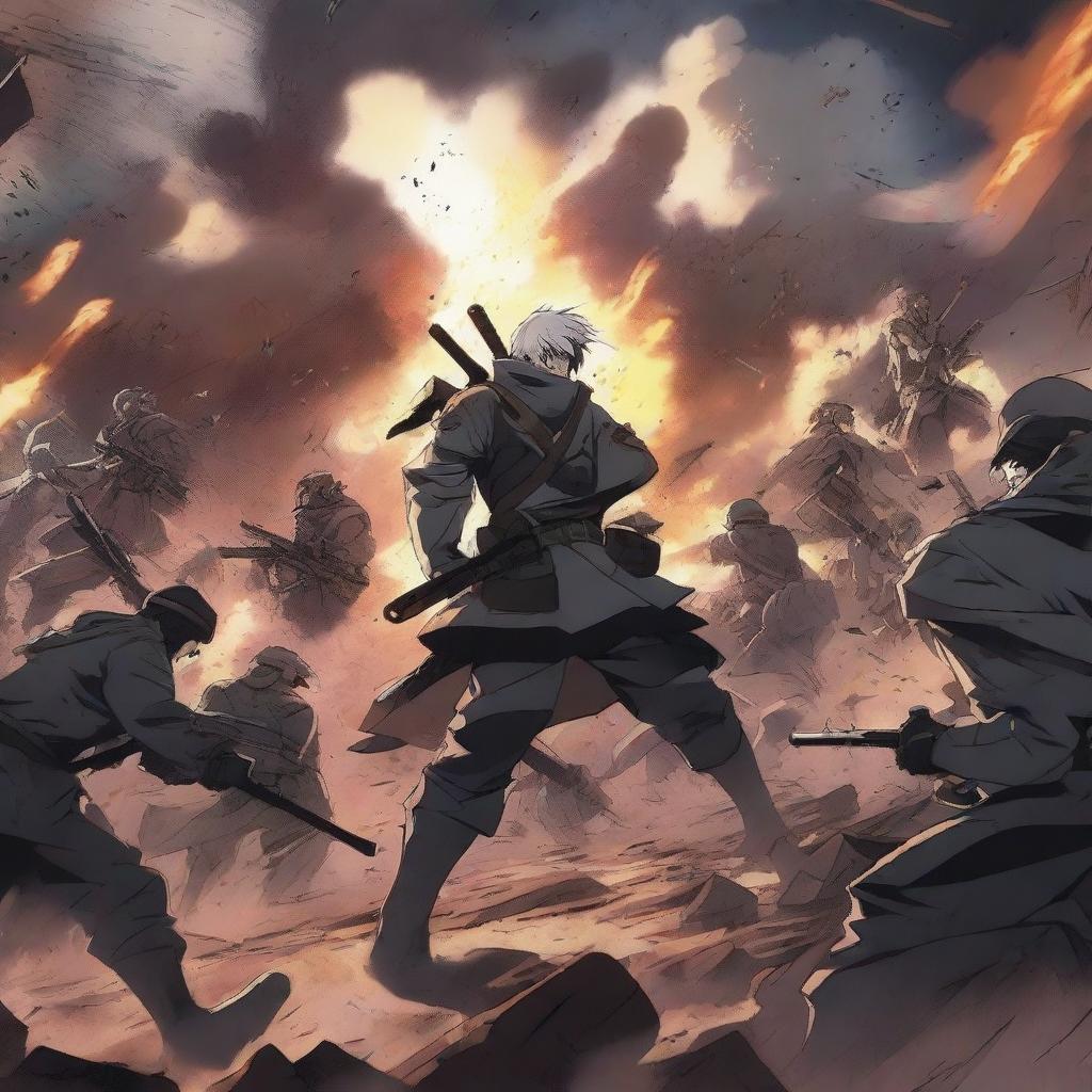 A dramatic and intense anime-style illustration depicting a war scene