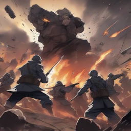 A dramatic and intense anime-style illustration depicting a war scene