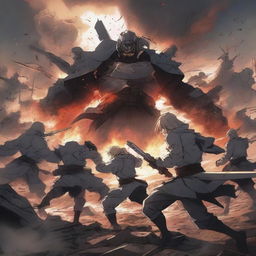 A dramatic and intense anime-style illustration depicting a war scene