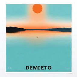 Generate a square poster featuring a serene blue lake with still water, a black horizon line, and an orange sky